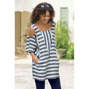 Soft Surroundings Women's Sunset Striped Cold Shoulder Linen Tunic Top, Medium